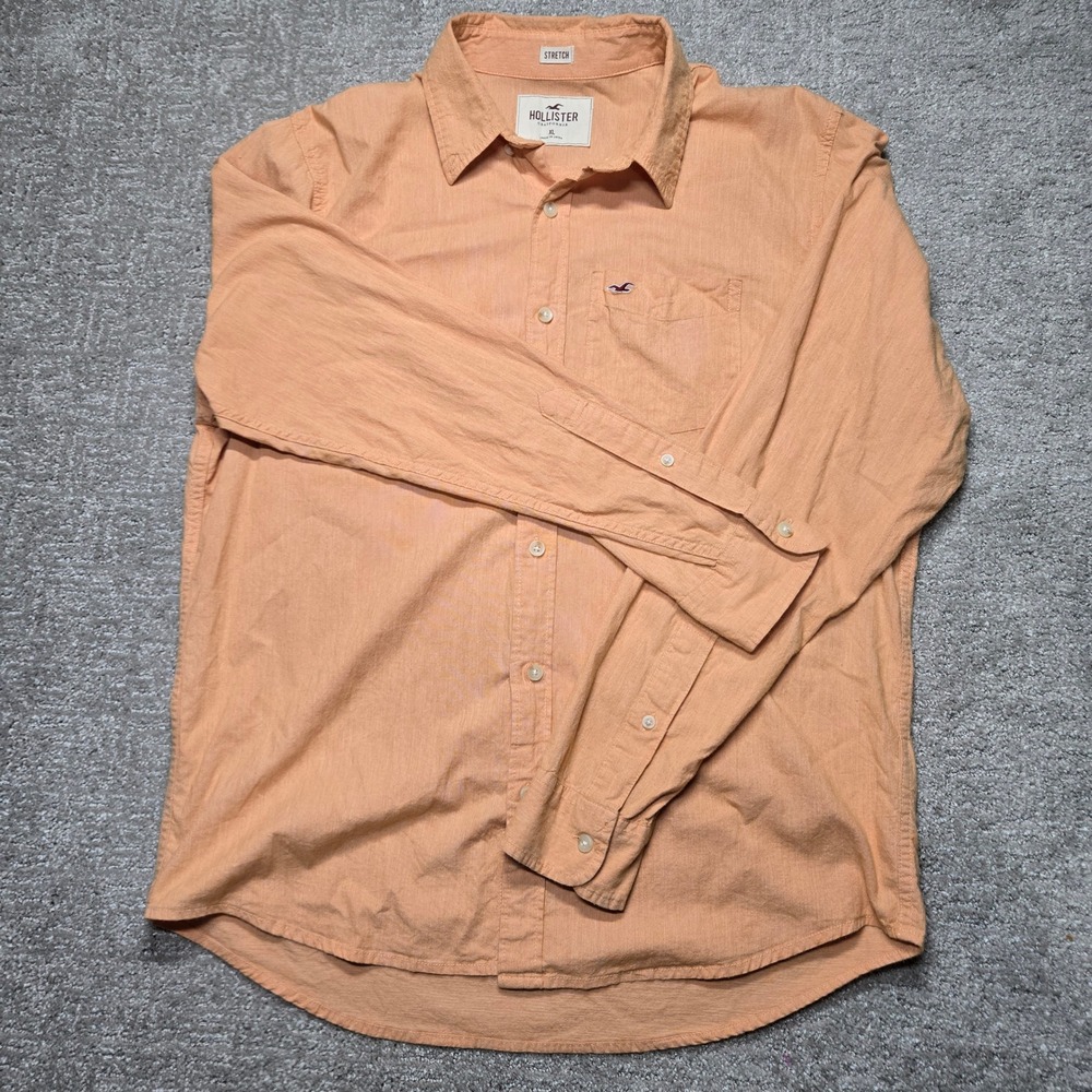 Hollister Mens XL Orange Stretch Long Sleeve Button Down Shirt Seagull Logo
